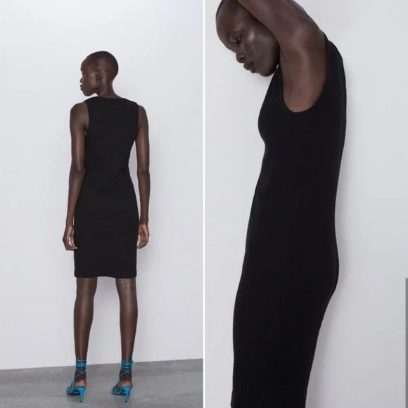 NWOT ZARA BLACK TEXTURED TUBE MIDI DRESS - Picture 2 of 7